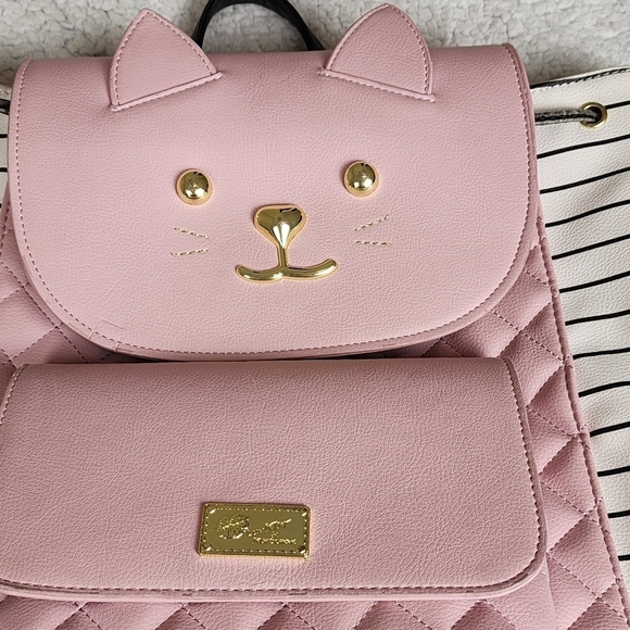 Betsey Johnson Full Size Pink Cat Backpack with Black and White Stripes - Picture 3 of 13